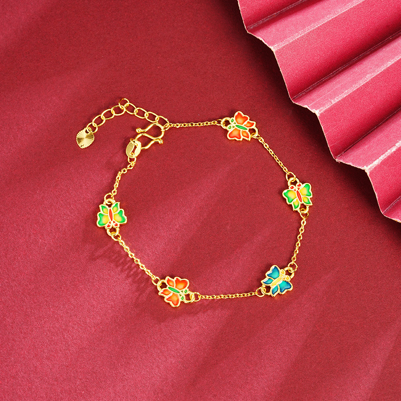 Nueva pulsera de oro antiguo estilo chino estilo palacio esmalte mariposa simple pulsera mujer no se desvanece joyas de mano