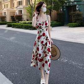 夏装玫瑰碎花吊带连衣裙女新款潮流法式中长裙高级设计感