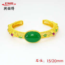 民族风铜合金电镀仿金玉石手镯镂空镶玉缠枝手镯女广州饰品批发