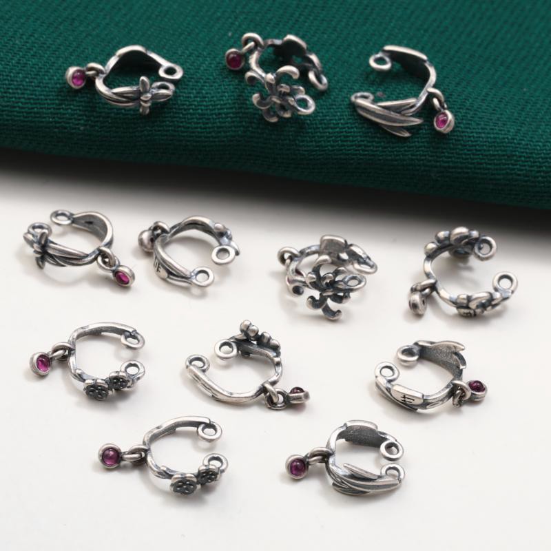S925 Sterling Silver Bamboo Orchid Plum Chrysanthemum Flower Clip Pendant Accessories Vintage Old Ink Black Earrings Key Button