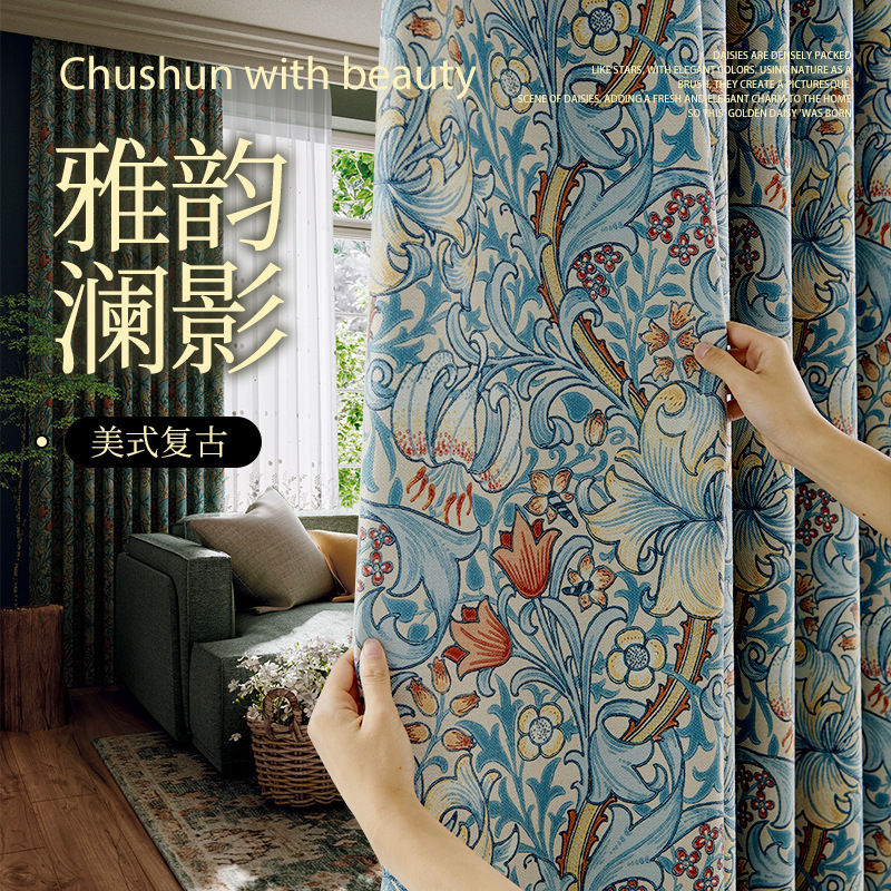 American-style printed cotton-linen blackout curtains for living room and bedroom, in stock, French garden floral fabric curtains, decorative curtains for homestay