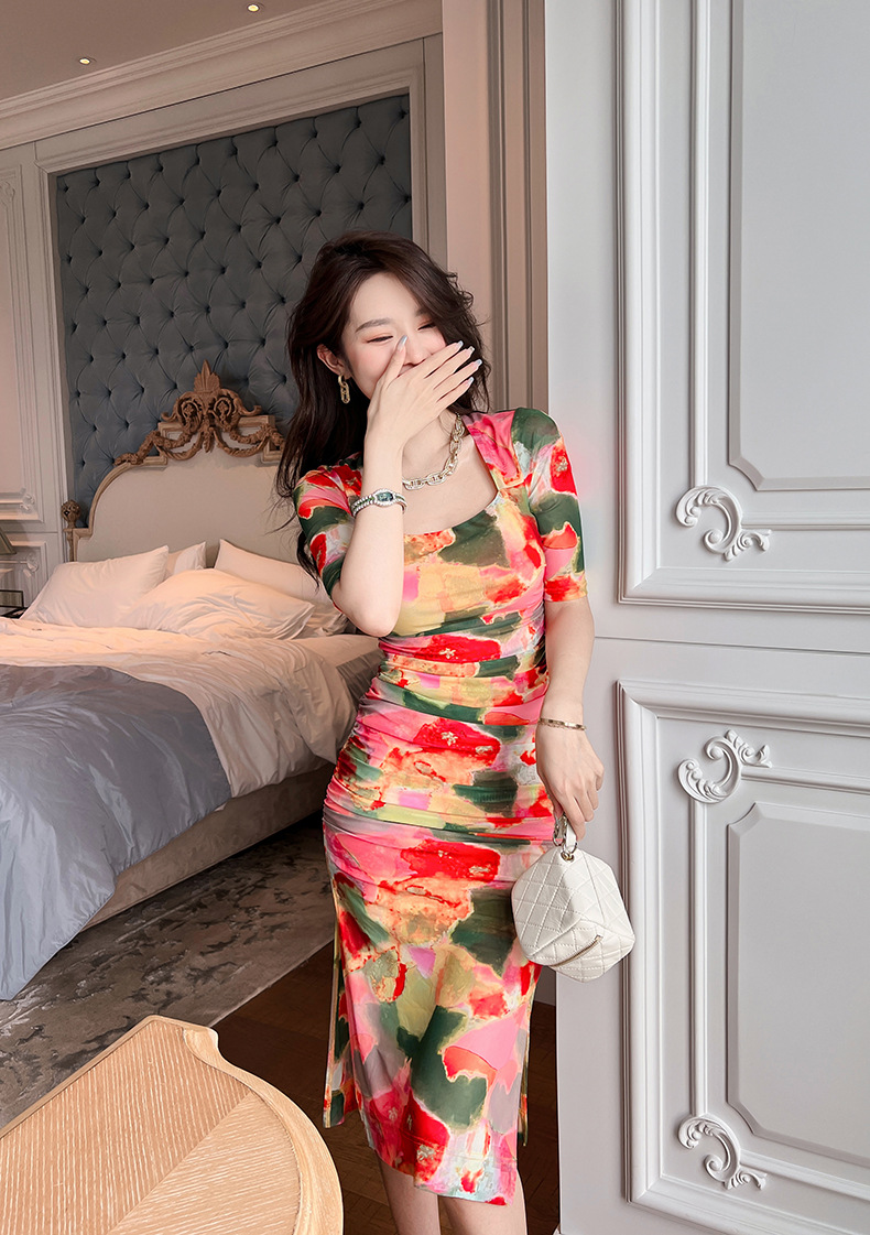 Váy dài ôm hông cổ vuông in họa tiết hoa phong cách Pháp — Màu hoa chi tiết 17