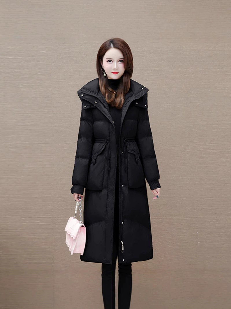 Fitted warm long brace, down jacket with hood, Korean style
