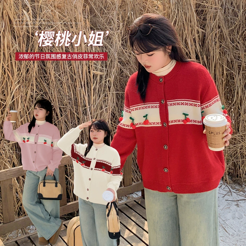 Yino большой размер женщины зимний новый ленивый ветер однобортный Новый год носить красный вязаный кардиган 111999