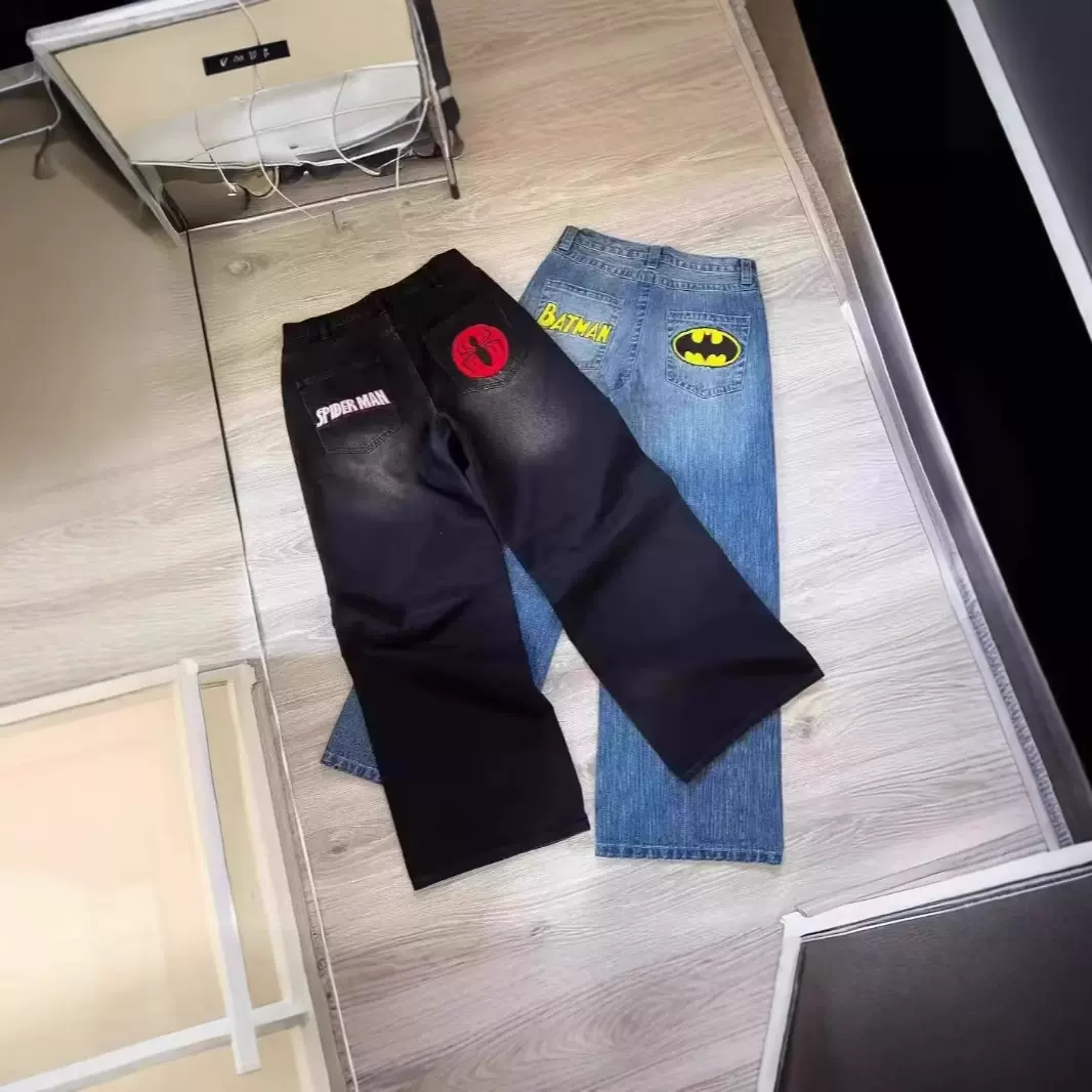 美式原宿复古蝙蝠图案印花宽松牛仔裤男子街头Y2K裤子懒散牛仔裤