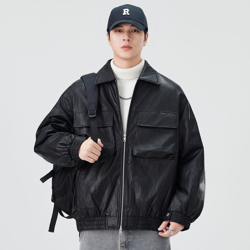 Winter New Men's down Jacket Lightweight Turn-Down Collar Leather Coat Winter Japanese Retro Black Denim Jacket Warm