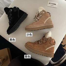 跨境高帮新款羊毛桑坡雪地靴时尚舒适百搭圆头平底休闲系带女靴