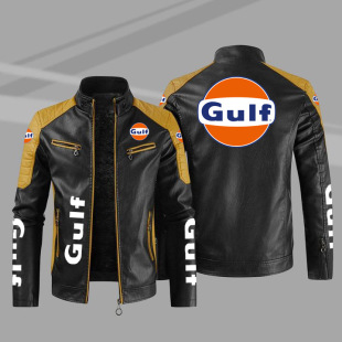 2025 New Cross-Border European Size Men's Casual Pu Leather Jacket Gulf66 Highway Series Printed Fleece-Lined Leather Jacket