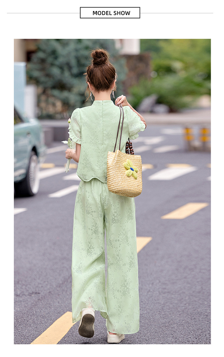 Bộ váy hai mảnh tay ngắn phong cách Trung Hoa cổ điển họa tiết jacquard mùa hè 2025 — Màu vàng be, Màu xanh lá chi tiết 20