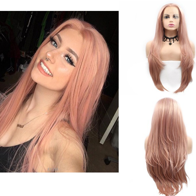Spice Girl Whole Wig Rose Gold Long Straight wigs Front Lace Hand Hook Comfortable Rose Stretch Net Full Head Cover