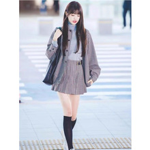 秋冬谬家张元英明星同款减龄JK学院风格纹宽松外套百褶半身裙套装