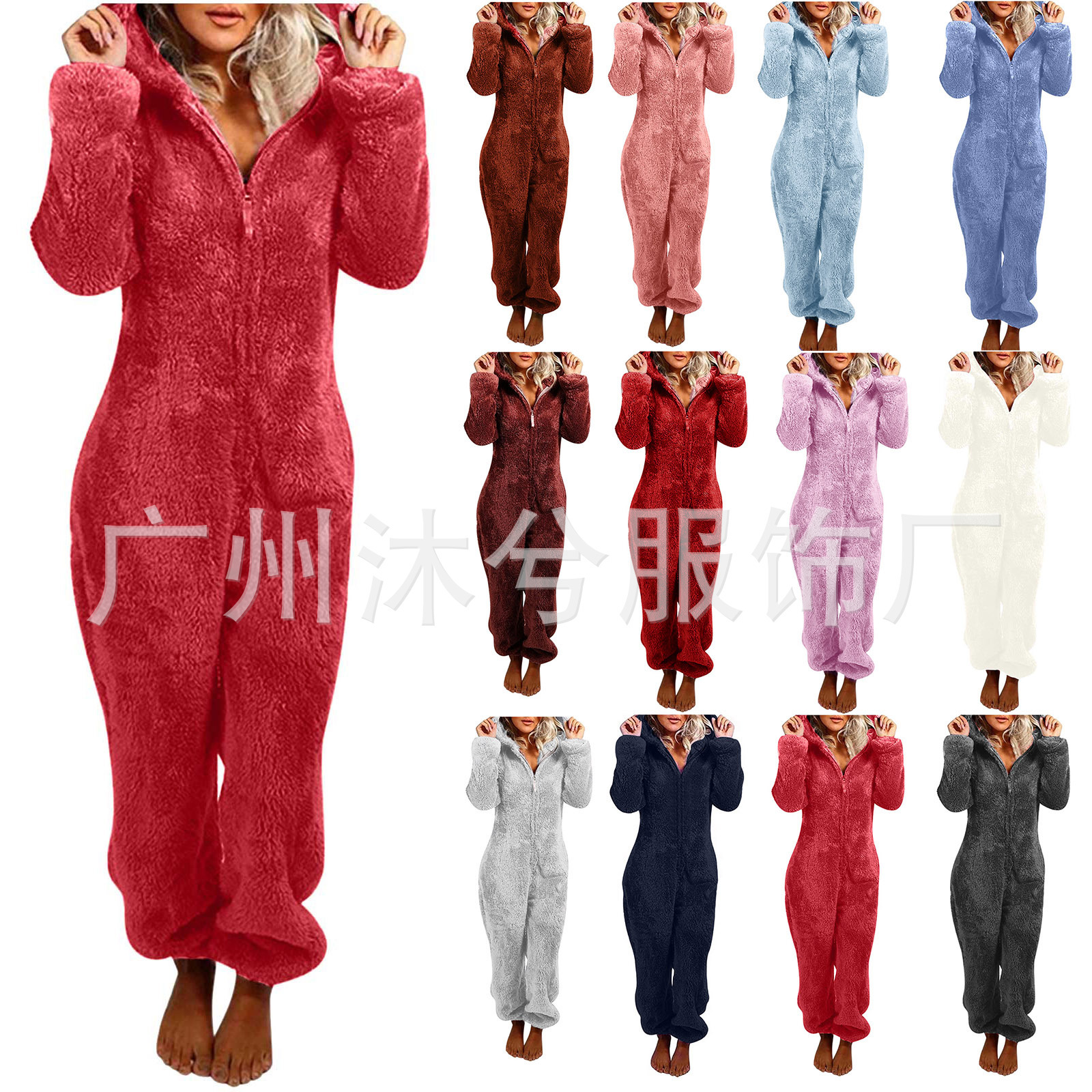 2025 New European and American Autumn and Winter Women's Clothing Cross-Border Export Fleece-Lined Thickeneded Furry Jumpsuit Hooded Pajamas Home Clothes