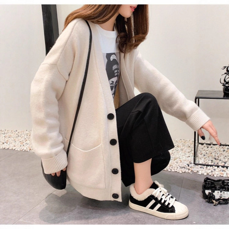 2025 Autumn/Winter New Knitted Cardigan Women's Sweater Korean Style Loose Single-Breasted Solid Color V-Neck Pocket Cardigan Jacket