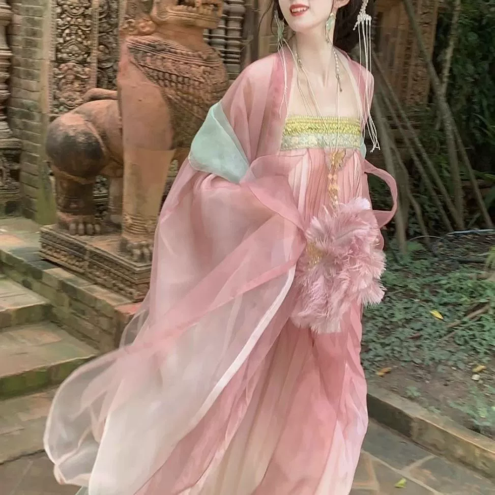 Цельный костюм для изготовления пудры 2024, весенне-летний зеленый новый костюм с большими рукавами, вышитый до груди, женский новый принт династии Тан Хань