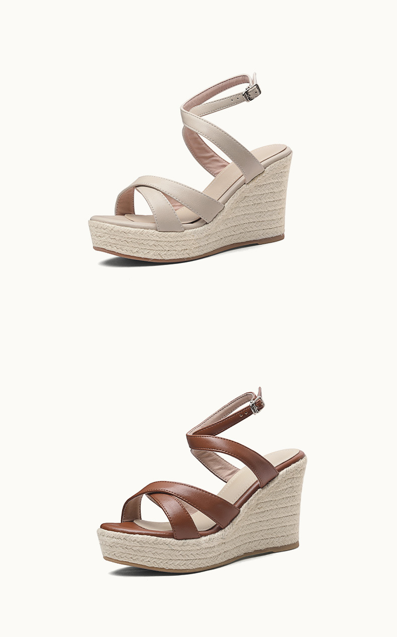Sandal cao gót nữ hở mũi phong cách Pháp, gót 10 cm, đế rơm dày, quai ngang khóa — màu nâu, màu trắng ngà chi tiết 9