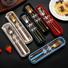 Creative Korean Portable Tableware Chopsticks, Spoons, Forks, Student Travel Utensils Stainless Steel Three-Piece Set with Single Storage Box