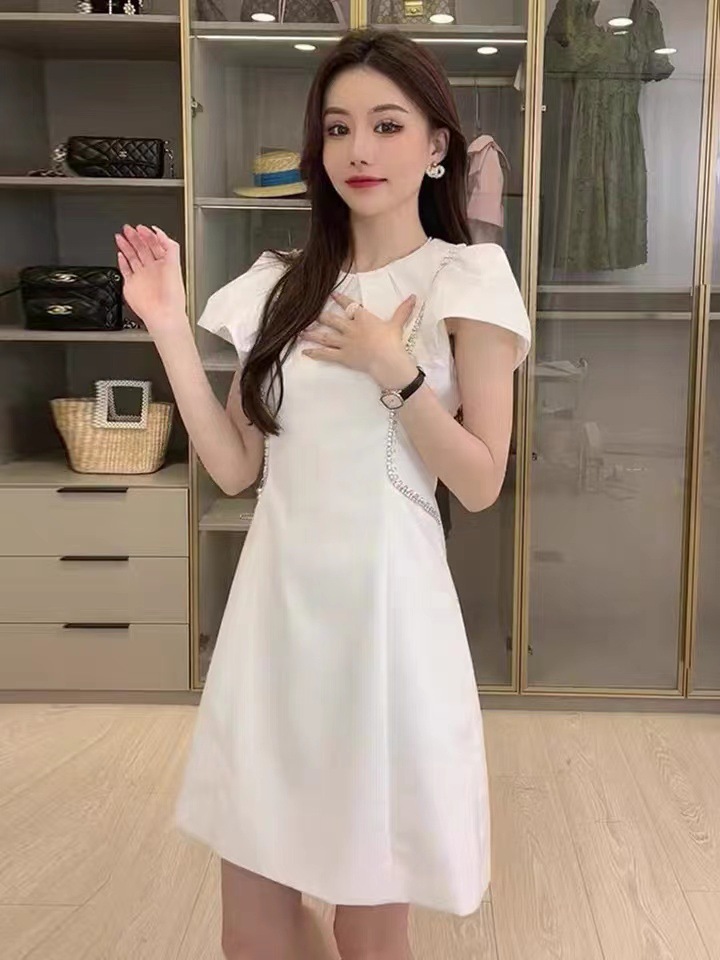 Váy liền trắng thiết kế chiết eo thanh lịch dáng suông midi mùa hè — Màu trắng chi tiết 3