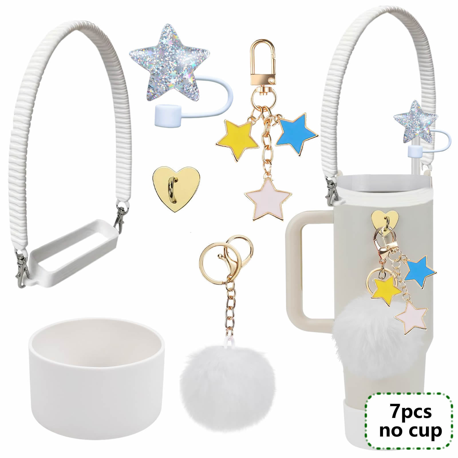7pcs taza Stanley cuerda de mano colgante de silicona flor tapa de pajita bola de felpa colgante de copa cadena de taza de color