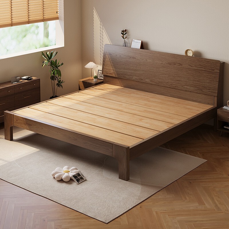 Solid Wood Bed Modern Minimalist Style 1.5m Household Oak Bed Master Bedroom 1.8m Walnut Color Large Bed Double Bed Frame Solid Wood Bed Modern Minimalist Style 1.5m Household Oak Bed Master Bedroom 1.8m Walnut Color Large Bed Double Bed Frame