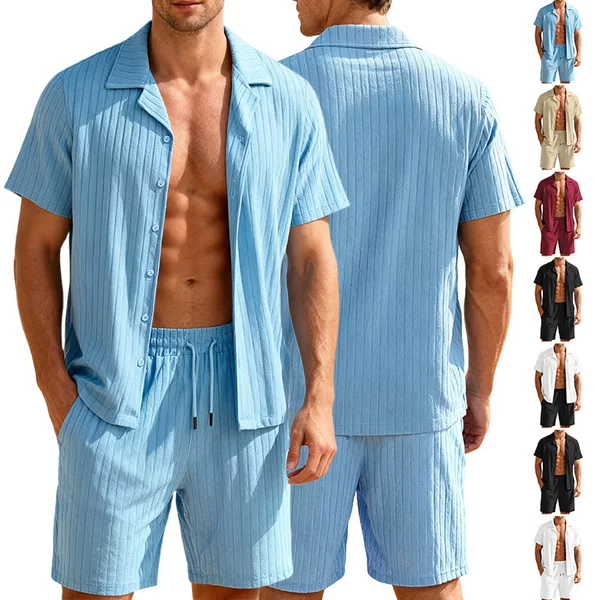 Amazon Sports Casual Button-Down Shirt Short-Sleeved Vacation Beach Pants Summer Men's Cardigan Short-Sleeved Shorts Set