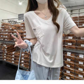 外贸批发宽松大码女装夏季慵懒韩版短袖T恤休闲显瘦刺绣白色上衣