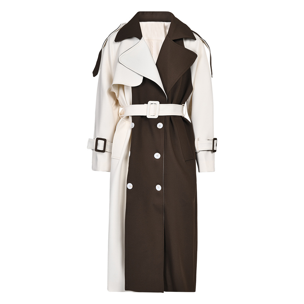Women's Clothing casual long trench coat for women autumn new style stitching contrast color double breasted knee length slim lapel coat_voghion.com