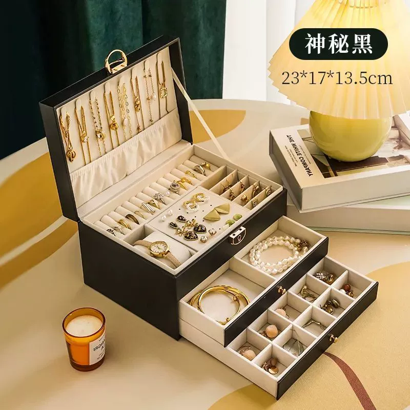 Jewelry storage box, handheld multi-layer organizer with zipper or key lock, small–large