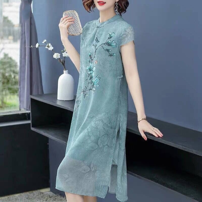 Plus-size summer cheongsam dress for mothers, stylish printed dress for women, 2026 new model for middle-aged and elderly ladies