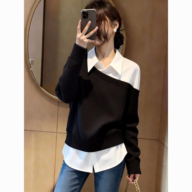 Scissor-cut shirt collar with contrasting color patchwork design, creating a layered look with a relaxed and stylish vibe Scissor-cut shirt collar with contrasting color patchwork design, creating a layered look with a relaxed and stylish vibe
