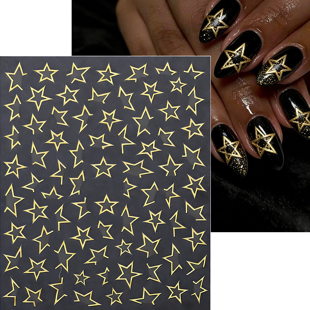 Cross-Border Hot-Selling Nail Art Stickers Wholesale 3D Gold and Silver Star Hollow Five-Pointed Star Y2K Adhesive Nail Stickers Decoration