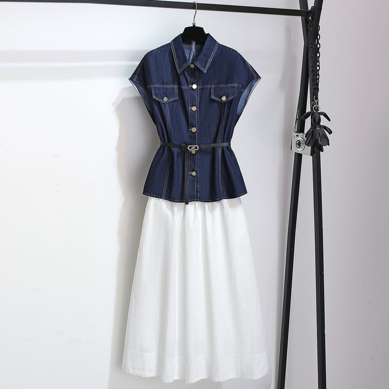 Sleeveless Waist-Cinching Denim Shirt and White Skirt Women's Two-Piece Set, New High-End Dress for Women in the Summer of 2026