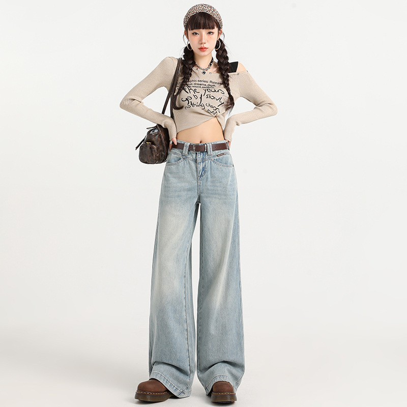 Light Blue Fleece-Lined High-Waisted Wide-Leg Jeans for Women, New Style, Height-Enhancing, Slimming, Casual Straight-Leg Floor-Length Pants