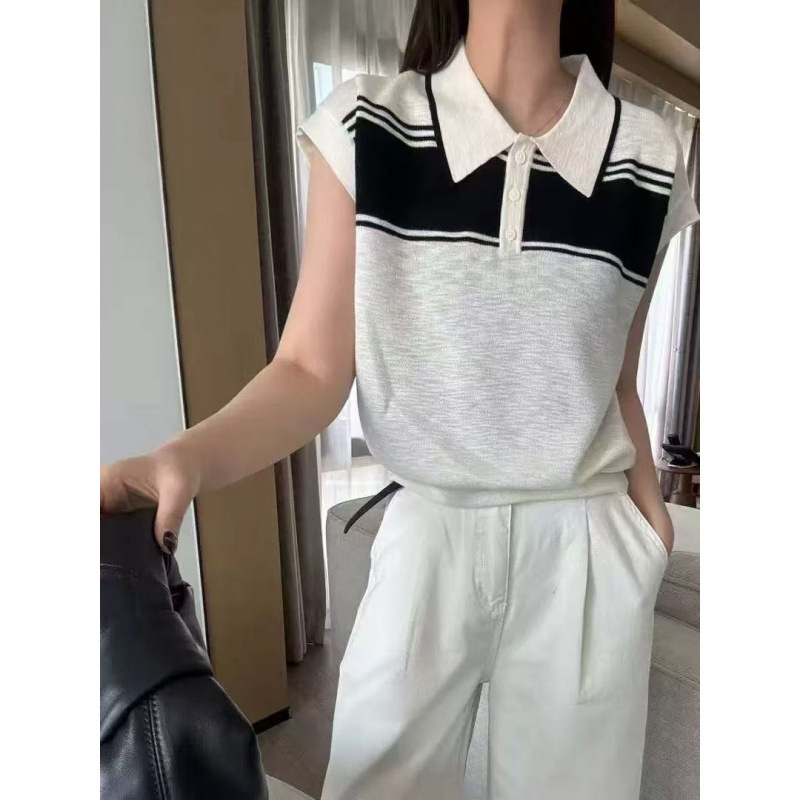 2025 Trendy Polo Collar Color-Blocked Short-Sleeve Knit Top for Women, 2025 Summer New Style with Small Flutter Sleeves, Ice Silk T-Shirt 2025 Trendy Polo Collar Color-Blocked Short-Sleeve Knit Top for Women, 2025 Summer New Style with Small Flutter Sleeves, Ice Silk T-Shirt