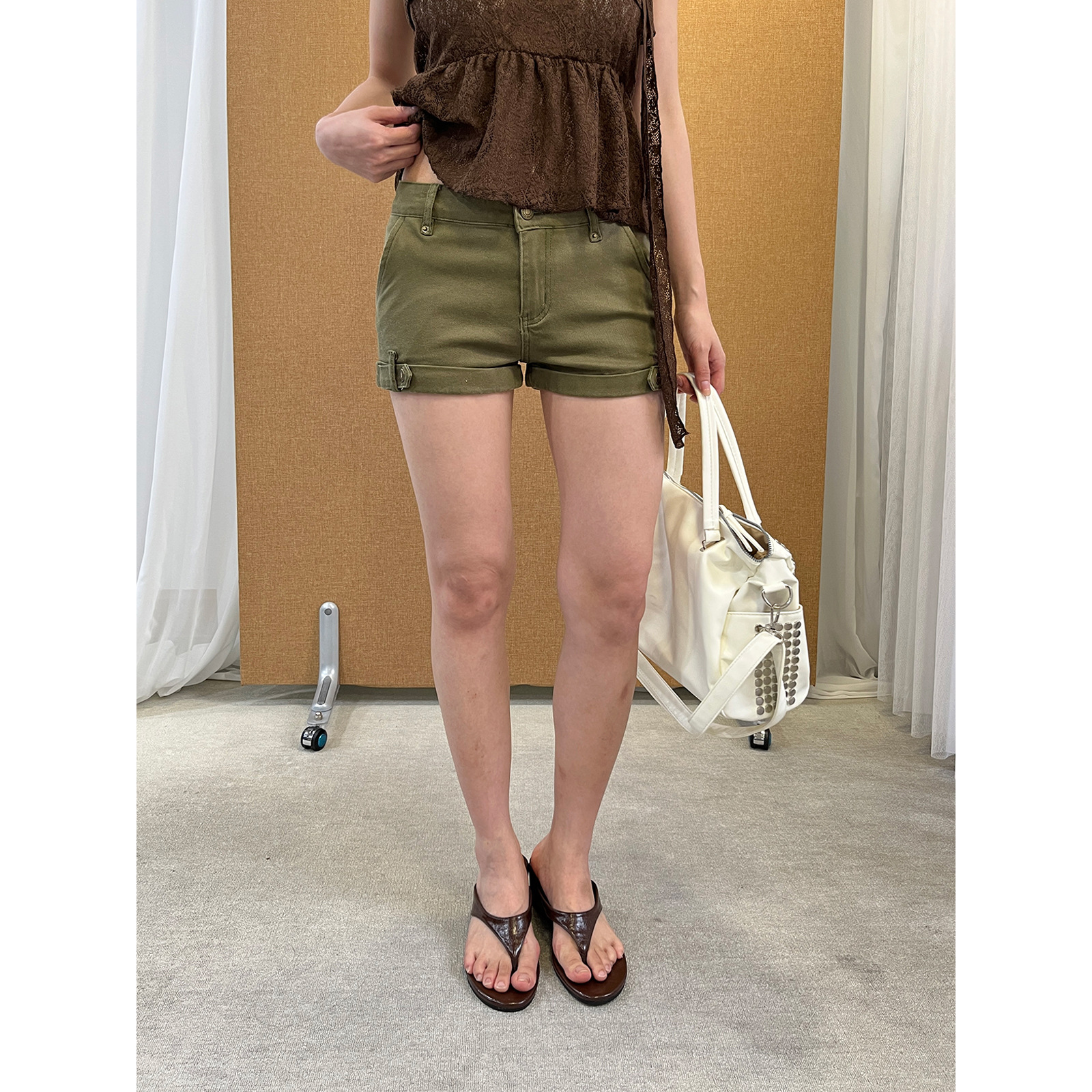 See 3L美式墨绿色牛仔短裤女夏季新款低腰翻边超短紧身热裤zs215