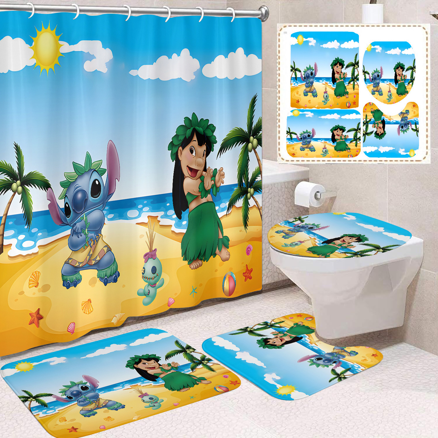 Venta directa de fábrica lindo baño de dibujos animados de cuatro piezas cortina de ducha impermeable cortina de ducha sin perforación cortina de partición de baño de baño