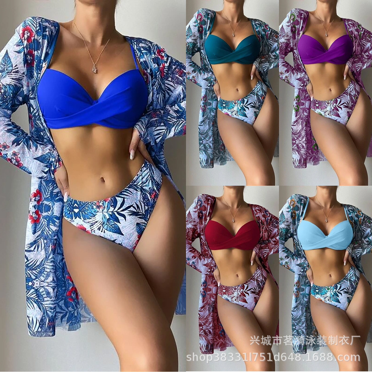 Mingyi nueva moda europea y americana sexy multi-color impreso malla blusa mujer split BIKINI conjunto de tres piezas