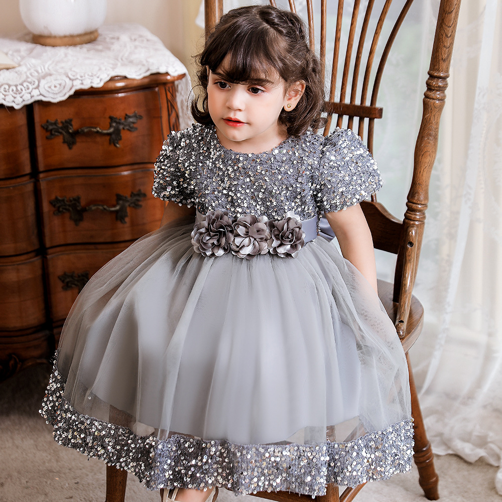 Robe Gap Enfant Fille Grise à Paillettes - Taille 8 (moyenne), Manches Courtes, Genou, Occasion Très Bon état