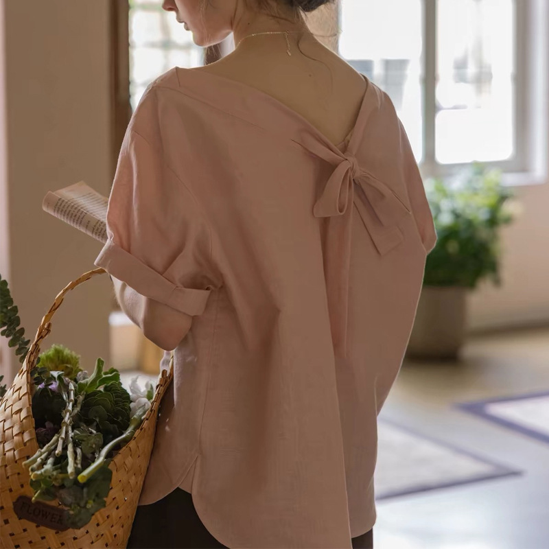 “Like the Wind Brings a Message” Linen Lyocell Exquisite Casual Boat Neck Tie-Down Top, Reversible Short-Sleeve Blouse “Like the Wind Brings a Message” Linen Lyocell Exquisite Casual Boat Neck Tie-Down Top, Reversible Short-Sleeve Blouse