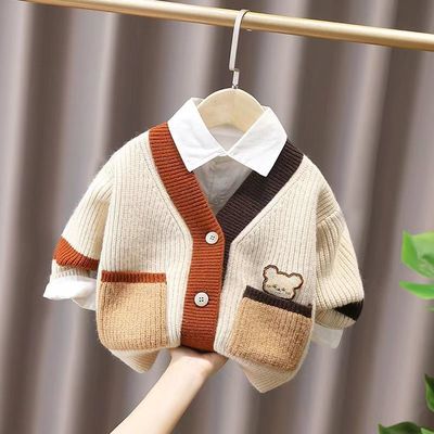knitting Cardigan children Korean Edition Cartoon pocket men and women 2022 Autumn and winter baby thickening sweater Children coat