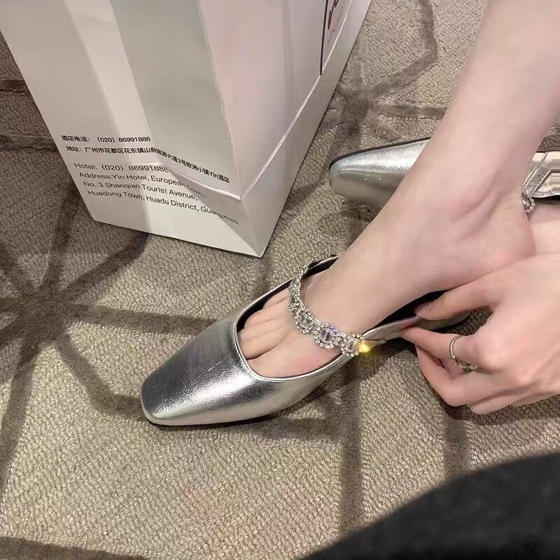 Grape Mom studiolee 4cm Height Increase French Square Head with Shallow Mouth All-match Muller Half Slippers for Women