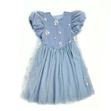 夏季爱莎公主裙女童蓝色网纱礼服冰雪奇缘艾莎泡泡袖儿童连衣裙