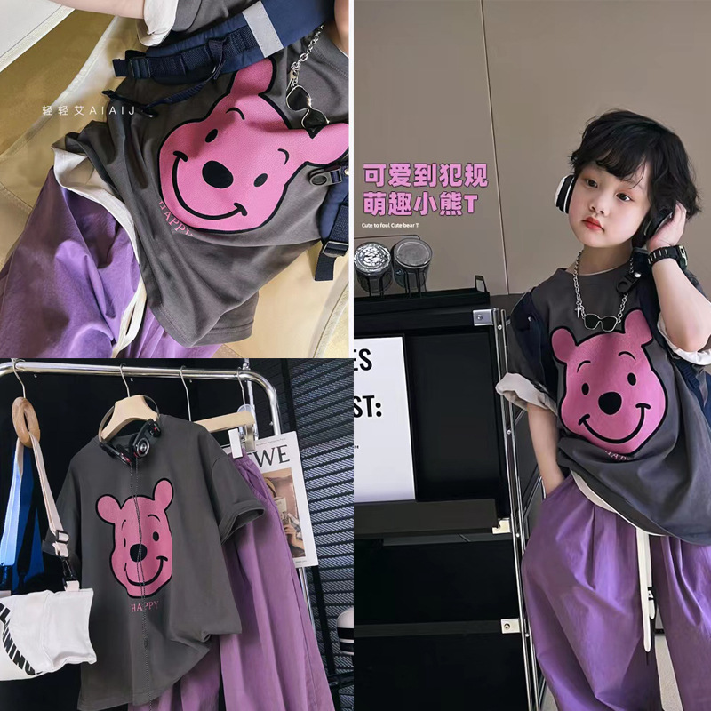韩国童装2023夏季儿童短袖T恤男女童卡通印花圆领百搭宽松亲子装