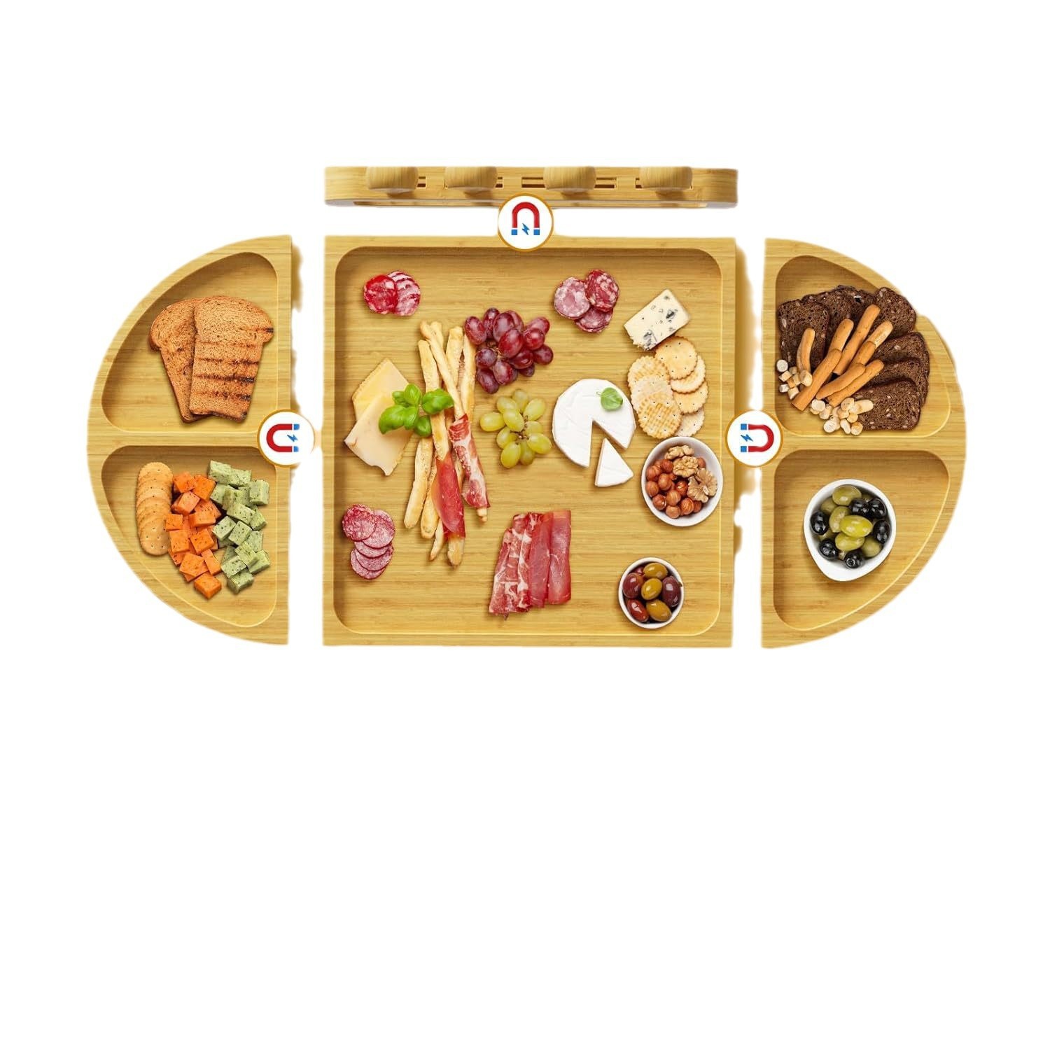 Tablero de comida cocinada de bambú y madera, plato de bocadillos con rejilla conveniente para exteriores, tablero de comida cocinada cuadrado, tabla de cortar para fiesta, tabla de cortar