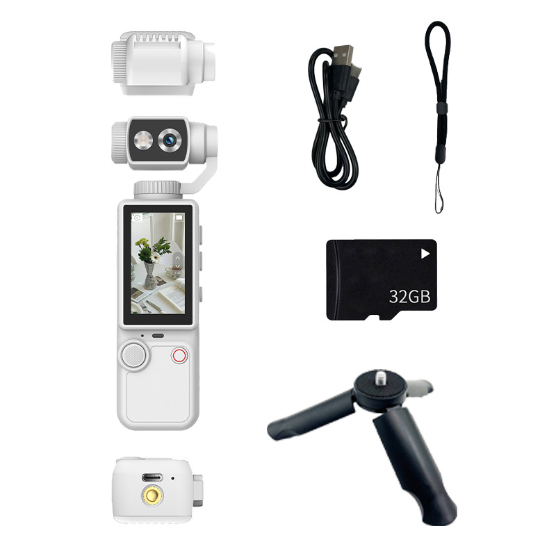 Cámara de movimiento de mano blanca Q8 con soporte + tarjeta de memoria 32G + cable de datos