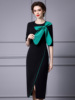 Bowtie contrasting color patchwork split buttocks skirt dress