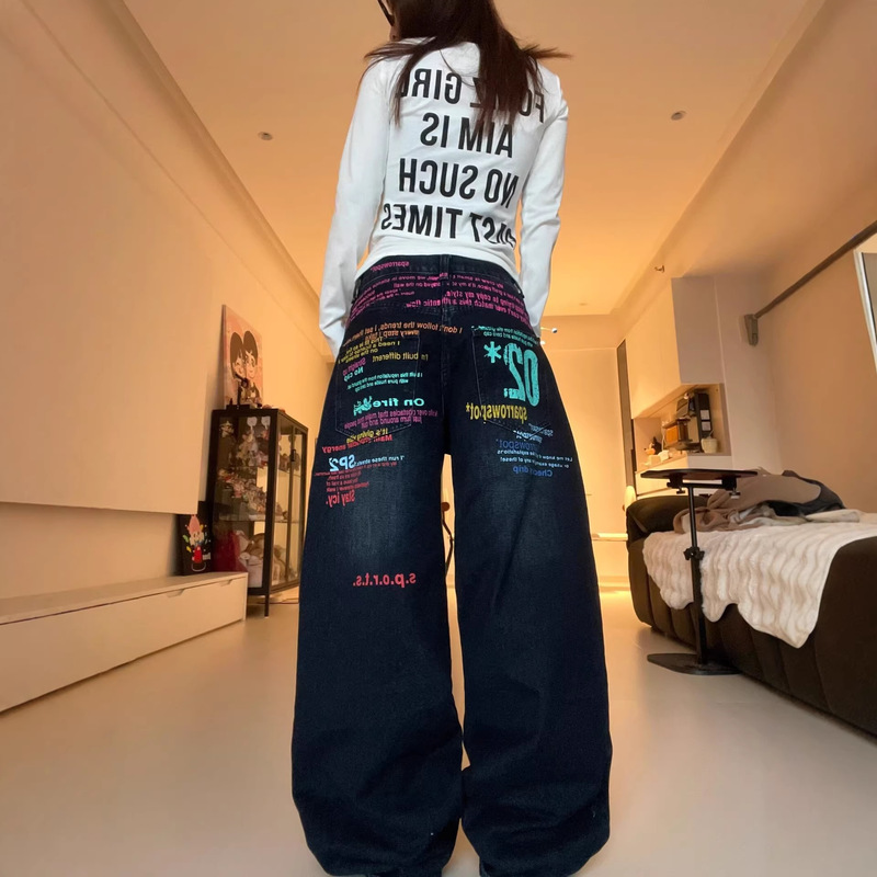American Retro Colorful Letter Print Jeans for Women, Street Style, Loose Fit, Slimming Straight Wide-Leg Floor-Length Pants American Retro Colorful Letter Print Jeans for Women, Street Style, Loose Fit, Slimming Straight Wide-Leg Floor-Length Pants