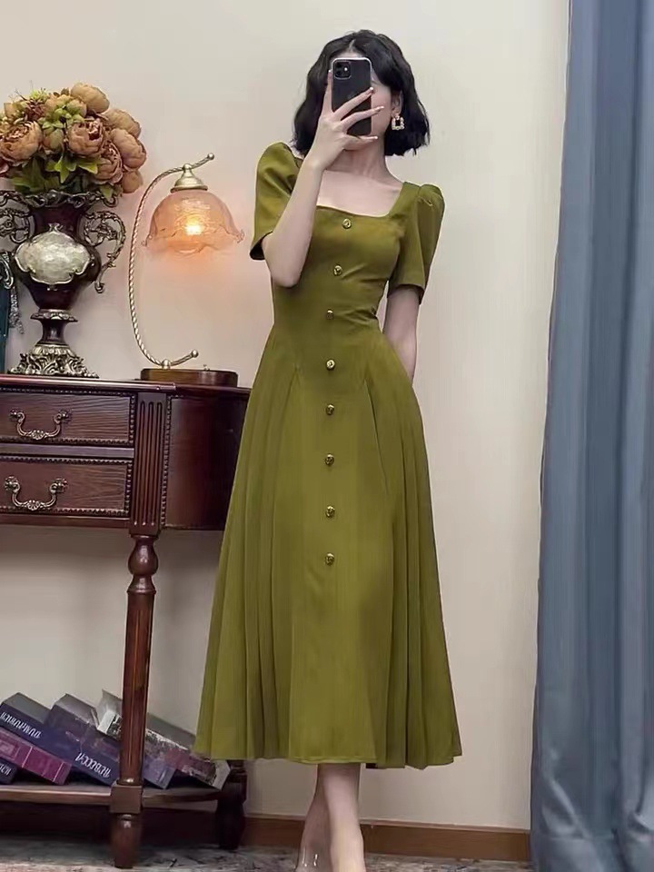 Đầm nữ cổ vuông kiểu Pháp chít eo tôn dáng — Màu xanh lá dáng dài, Màu xanh lục mẫu ngắn, Màu đen mẫu ngắn chi tiết 4