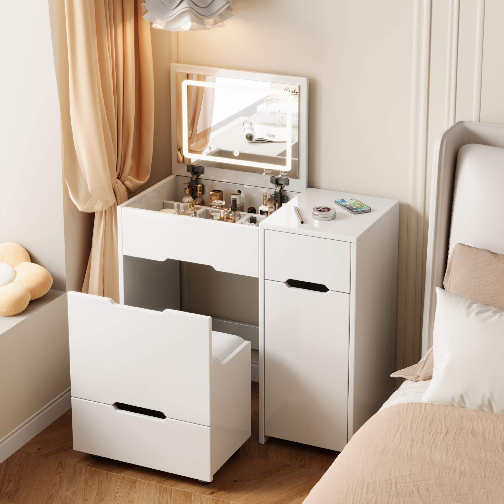Comedor de tocador dormitorio moderno simple pequeño viento de crema nuevo tipo plegable con lámpara mesa de maquillaje gabinete de almacenamiento en uno