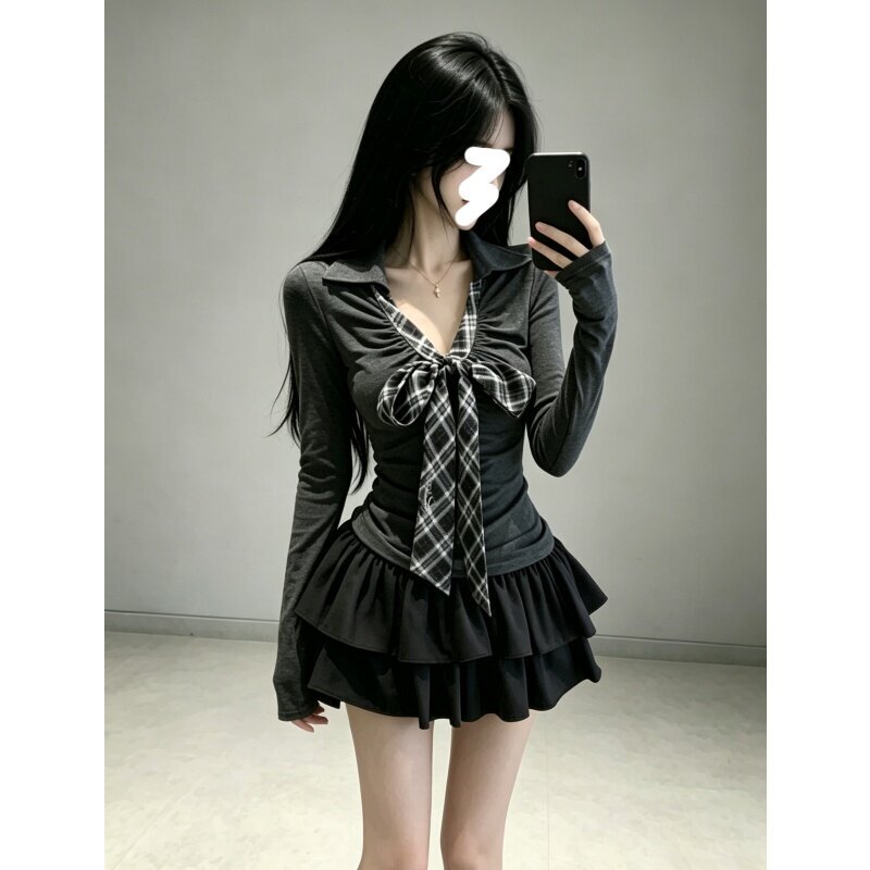 (Ribbed De Rong) Korean-style sweet plaid bow-tie long-sleeve new chic ruched waist-cinching base top (Ribbed De Rong) Korean-style sweet plaid bow-tie long-sleeve new chic ruched waist-cinching base top