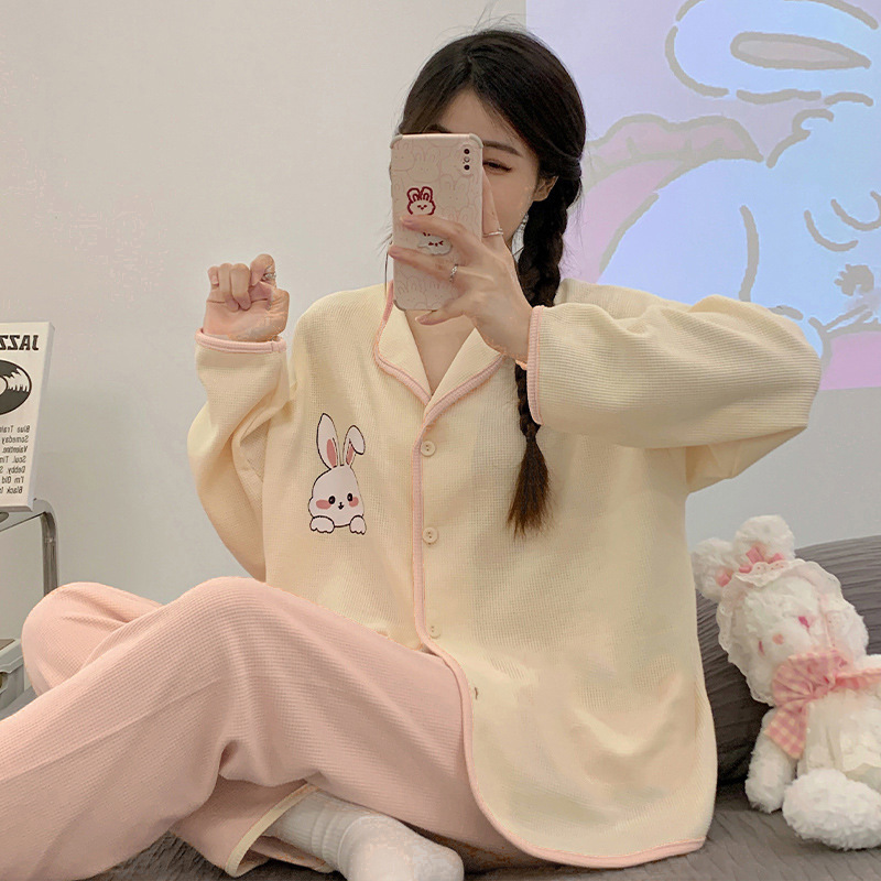 Pajamas Women's Cardigan V-neck New Arrival Spring and Autumn Waffle Long Sleeve Ins Style Cute Women's Kimono Home Clothes suit